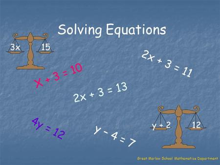 Solving Equations X + 3 = 10 4y = 12 2x + 3 = 13 y + 212 3x15 2x + 3 = 11 y – 4 = 7 Great Marlow School Mathematics Department.