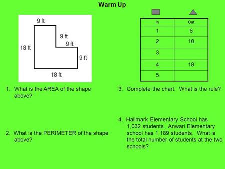 Warm Up 1.What is the AREA of the shape above? 2. What is the PERIMETER of the shape above? InOut 16 210 3 418 5 3.Complete the chart. What is the rule?