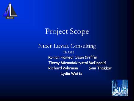 Project Scope N EXT L EVEL Consulting TEAM I Roman HamediSean Griffin Tierny MirandaKrystal McDonald Richard RohrmanSam Thakkar Lydia Watts.