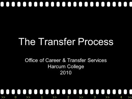 >>0 >>1 >> 2 >> 3 >> 4 >> The Transfer Process Office of Career & Transfer Services Harcum College 2010.