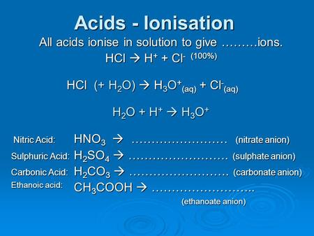Acids - Ionisation All acids ionise in solution to give ………ions. HCl  H+ H+ H+ H+ + Cl - Cl - (100%) HCl (+ H 2 O) H 2 O)  H 3 O + (aq) H 3 O + (aq)