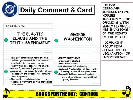 THE ELASTIC CLAUSE AND THE TENTH AMENDMENT SONGS FOR THE DAY: CONTROL