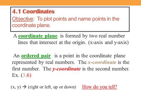 4.1 Coordinates Objective: To plot points and name points in the coordinate plane. A coordinate plane is formed by two real number lines that intersect.