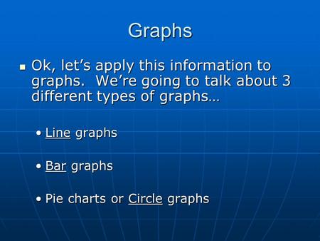 Graphs Ok, let’s apply this information to graphs. We’re going to talk about 3 different types of graphs… Ok, let’s apply this information to graphs. We’re.