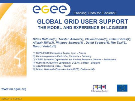 INFSO-RI-508833 Enabling Grids for E-sciencE www.eu-egee.org GLOBAL GRID USER SUPPORT THE MODEL AND EXPERIENCE IN LCG/EGEE Gilles Mathieu(1), Torsten Antoni(2),