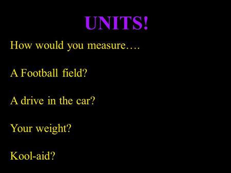 How would you measure…. A Football field? A drive in the car? Your weight? Kool-aid? UNITS!