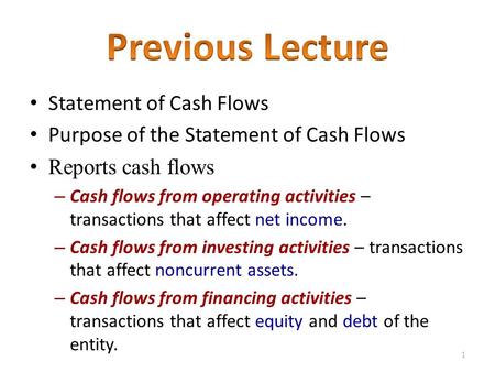 Statement of Cash Flows Purpose of the Statement of Cash Flows Reports cash flows – Cash flows from operating activities – transactions that affect net.