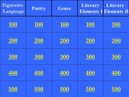 200 300 400 500 100 200 300 400 500 100 200 300 400 500 100 200 300 400 500 100 200 300 400 500 100 Figurative Language PoetryGenre Literary Elements I.