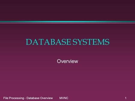File Processing - Database Overview MVNC1 DATABASE SYSTEMS Overview.