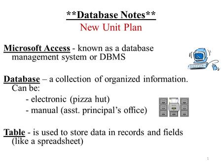 **Database Notes** New Unit Plan Microsoft Access - known as a database management system or DBMS Database – a collection of organized information. Can.
