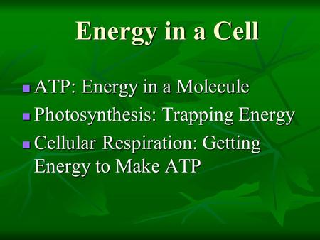 Energy in a Cell ATP: Energy in a Molecule