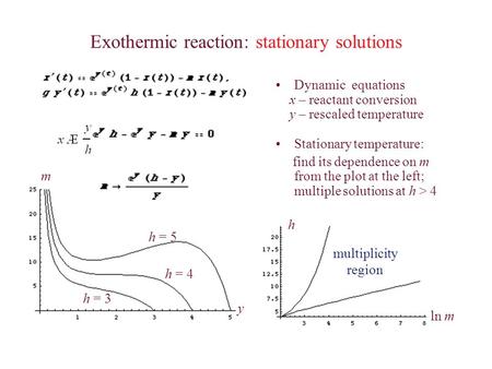 Exothermic reaction: stationary solutions Dynamic equations x – reactant conversion y – rescaled temperature Stationary temperature: find its dependence.