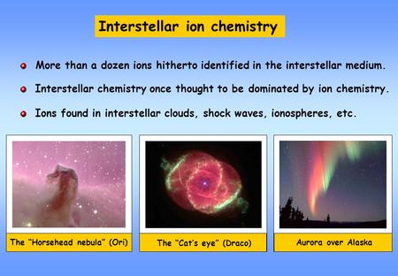 More than a dozen ions hitherto identified in the interstellar medium. Interstellar chemistry once thought to be dominated by ion chemistry. Ions found.