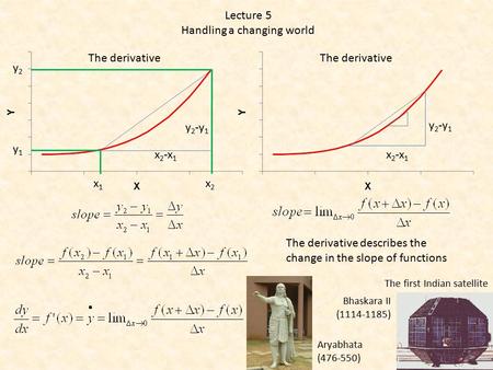 The derivative Lecture 5 Handling a changing world x 2 -x 1 y 2 -y 1 The derivative x 2 -x 1 y 2 -y 1 x1x1 x2x2 y1y1 y2y2 The derivative describes the.