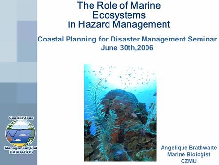 1 The Role of Marine Ecosystems in Hazard Management Coastal Planning for Disaster Management Seminar June 30th,2006 AngeliqueBrathwaite Marine Biologist.