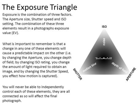 The Exposure Triangle Exposure is the combination of three factors. The Aperture size, Shutter speed and ISO setting. The combination of these three elements.