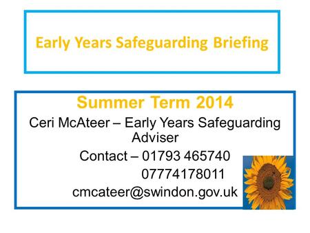 Early Years Safeguarding Briefing Summer Term 2014 Ceri McAteer – Early Years Safeguarding Adviser Contact – 01793 465740 07774178011