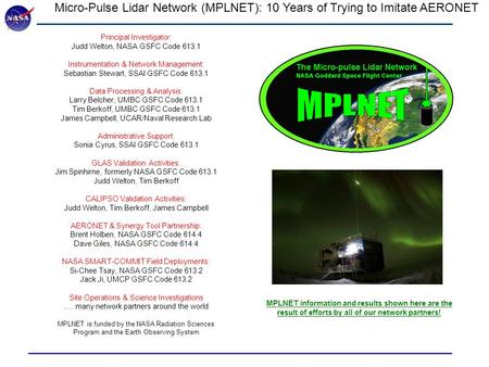 Micro-Pulse Lidar Network (MPLNET): 10 Years of Trying to Imitate AERONET Principal Investigator: Judd Welton, NASA GSFC Code 613.1 Instrumentation & Network.