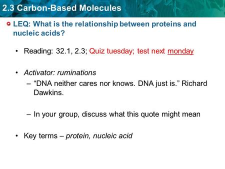 2.3 Carbon-Based Molecules LEQ: What is the relationship between proteins and nucleic acids? Reading: 32.1, 2.3; Quiz tuesday; test next monday Activator: