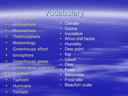 Vocabulary  Troposphere  stratosphere  Mesosphere  Thermosphere  Meteorology  Greenhouse effect  Ionosphere  Greenhouse gases  Temperature inversion.
