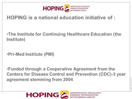 © 2007 DIGITAS HEALTH 1 HOPING is a national education initiative of : The Institute for Continuing Healthcare Education (the Institute) Pri-Med Institute.