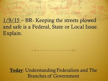1/9/15 – BR- Keeping the streets plowed and safe is a Federal, State or Local Issue. Explain. Today : Understanding Federalism and The Branches of Government.