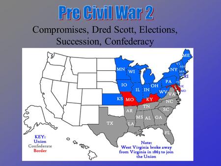 Compromises, Dred Scott, Elections, Succession, Confederacy.