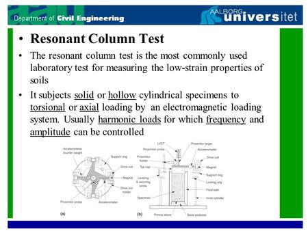 Resonant Column Test The resonant column test is the most commonly used laboratory test for measuring the low-strain properties of soils It subjects solid.