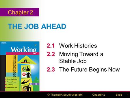 © Thomson/South-WesternSlideChapter 21 THE JOB AHEAD 2.1 2.1Work Histories 2.2 2.2Moving Toward a Stable Job 2.3 2.3The Future Begins Now Chapter 2.