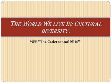 MEE ” The Cadet school № 16” T he w orld w e Live i n: c ultural Diversity.