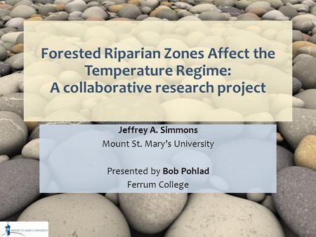 Forested Riparian Zones Affect the Temperature Regime: A collaborative research project Jeffrey A. Simmons Mount St. Mary’s University Presented by Bob.