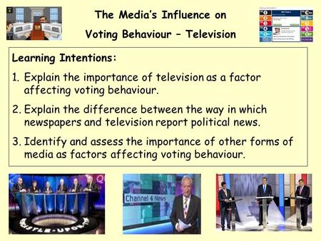 The Media’s Influence on Voting Behaviour – Television Learning Intentions: 1.Explain the importance of television as a factor affecting voting behaviour.