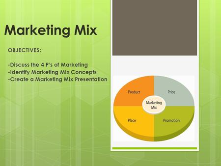 Marketing Mix OBJECTIVES: -Discuss the 4 P’s of Marketing -Identify Marketing Mix Concepts -Create a Marketing Mix Presentation.
