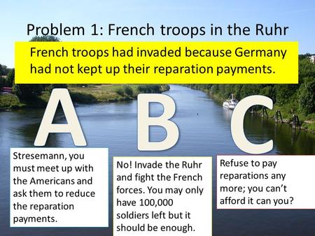 Problem 1: French troops in the Ruhr French troops had invaded because Germany had not kept up their reparation payments. Stresemann, you must meet up.