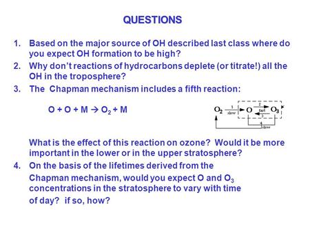 QUESTIONS 1.Based on the major source of OH described last class where do you expect OH formation to be high? 2.Why don’t reactions of hydrocarbons deplete.