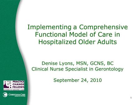1 Implementing a Comprehensive Functional Model of Care in Hospitalized Older Adults Denise Lyons, MSN, GCNS, BC Clinical Nurse Specialist in Gerontology.
