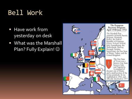 Bell Work  Have work from yesterday on desk  What was the Marshall Plan? Fully Explain!