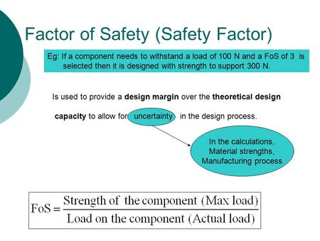 Factor of Safety (Safety Factor) In the calculations, Material strengths, Manufacturing process Is used to provide a design margin over the theoretical.