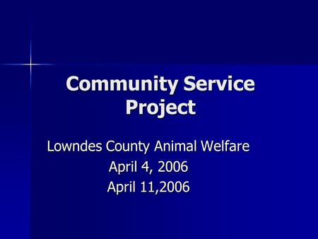 Community Service Project Lowndes County Animal Welfare April 4, 2006 April 11,2006.