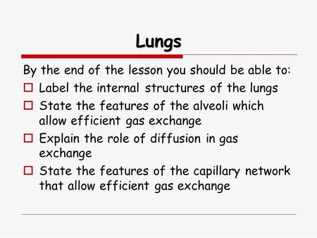 Lungs By the end of the lesson you should be able to:  Label the internal structures of the lungs  State the features of the alveoli which allow efficient.