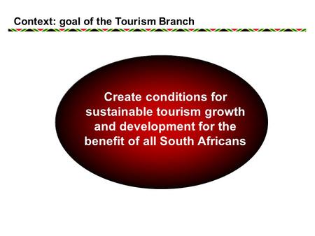 Context: goal of the Tourism Branch Create conditions for sustainable tourism growth and development for the benefit of all South Africans.