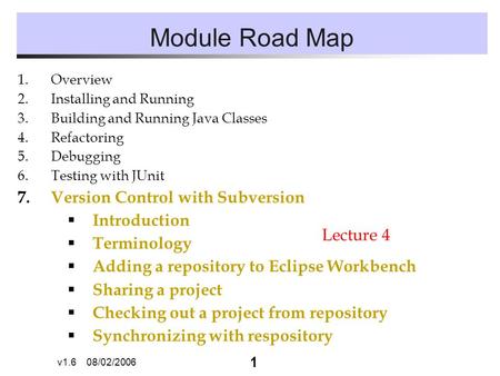 1 v1.6 08/02/2006 Module Road Map 1.Overview 2.Installing and Running 3.Building and Running Java Classes 4.Refactoring 5.Debugging 6.Testing with JUnit.
