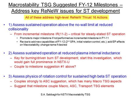 S.A. Sabbagh for NSTX Macrostability TSG Macrostability TSG Suggested FY-12 Milestones – Address key ReNeW issues for ST development 1) Assess sustained.