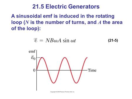 21.5 Electric Generators A sinusoidal emf is induced in the rotating loop ( N is the number of turns, and A the area of the loop): (21-5)