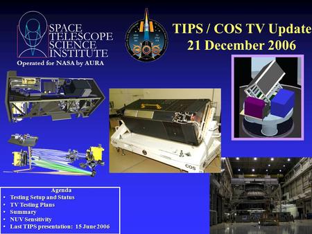 SPACE TELESCOPE SCIENCE INSTITUTE Operated for NASA by AURA TIPS / COS TV Update 21 December 2006 Agenda Agenda Testing Setup and Status Testing Setup.