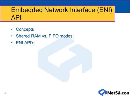 1-1 Embedded Network Interface (ENI) API Concepts Shared RAM vs. FIFO modes ENI API’s.