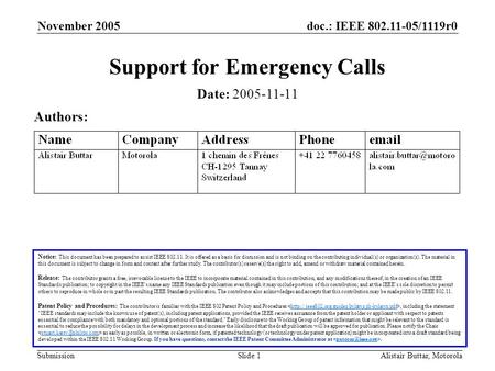 Doc.: IEEE 802.11-05/1119r0 Submission November 2005 Alistair Buttar, MotorolaSlide 1 Support for Emergency Calls Notice: This document has been prepared.