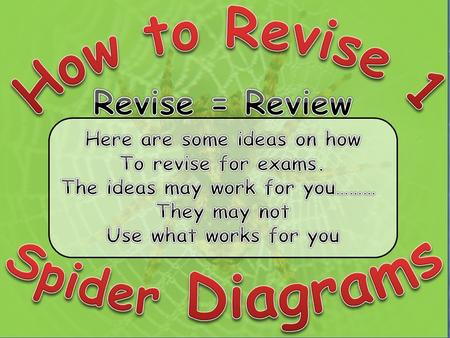 Start revising early. As soon as you can. Some planning and self-discipline is very useful Do you learn by looking at something? You are a visual learner.