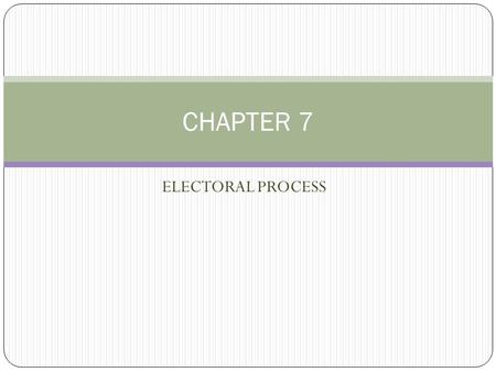 ELECTORAL PROCESS CHAPTER 7. Nominations v. Elections Spring (January – June) = Nominations Fall (November) = Elections.