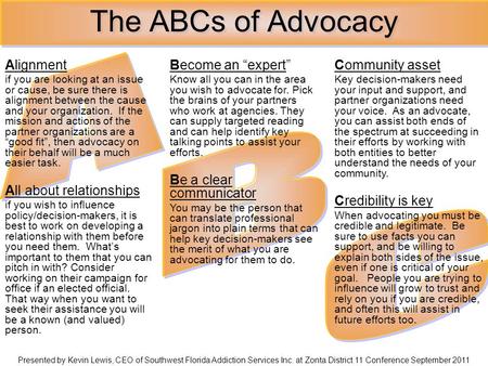 The ABCs of Advocacy Presented by Kevin Lewis, CEO of Southwest Florida Addiction Services Inc. at Zonta District 11 Conference September 2011 Alignment.
